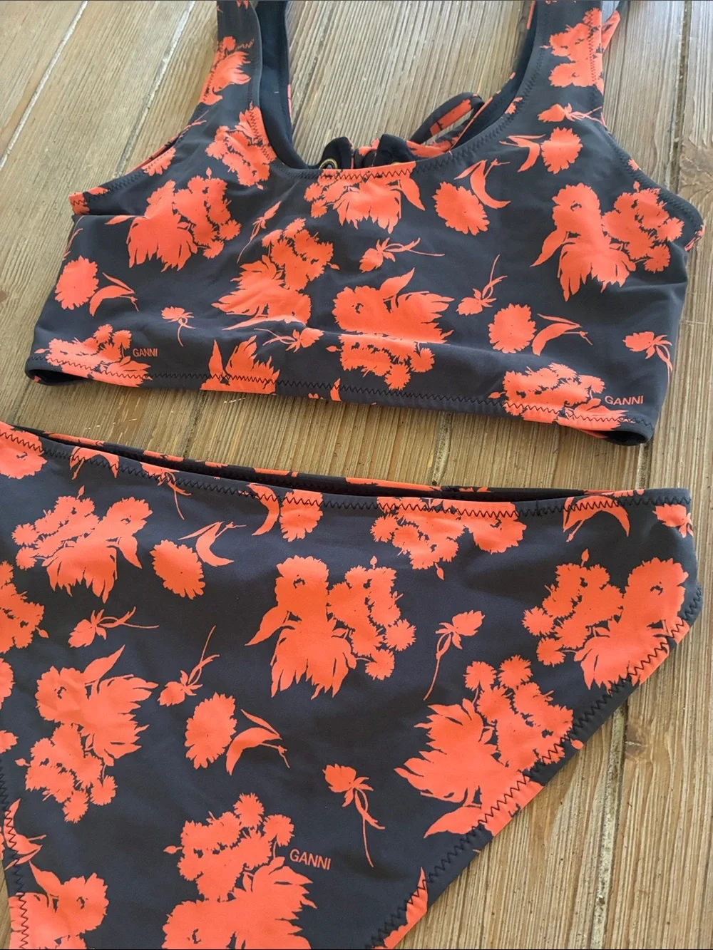 Ganni Floral Recycled Matte Bikini Set in Phantom 36